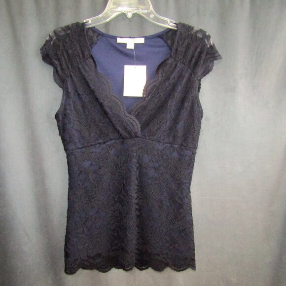 Boston Proper Navy Blue Lace Cap Sleeve V-Neck Top Womens Size M Lined New Tag - Picture 11 of 11